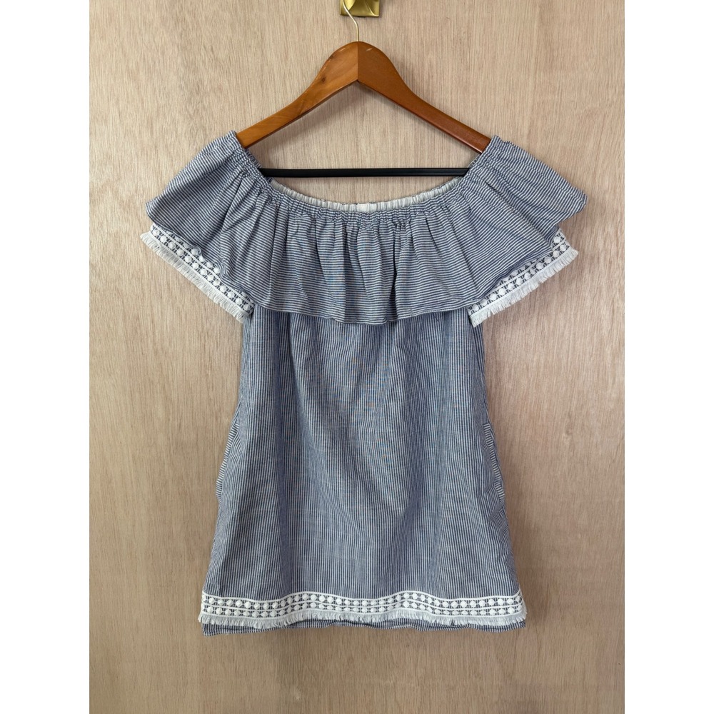 Tahari Arthur S Levine Seersucker Off Shoulder Ruffle Top Blue White Stripe 2P